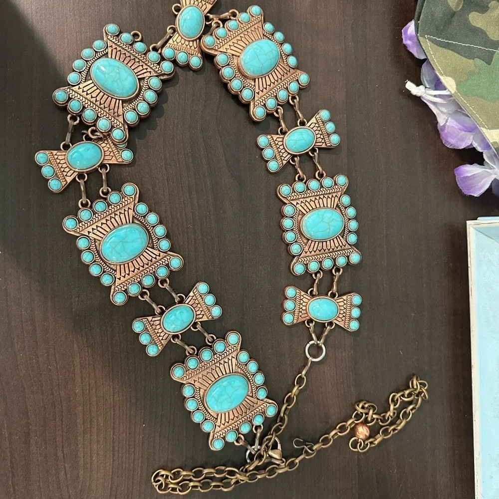 Turquoise like stone and Bronze Statement Chain Belt - Picture 1 of 2